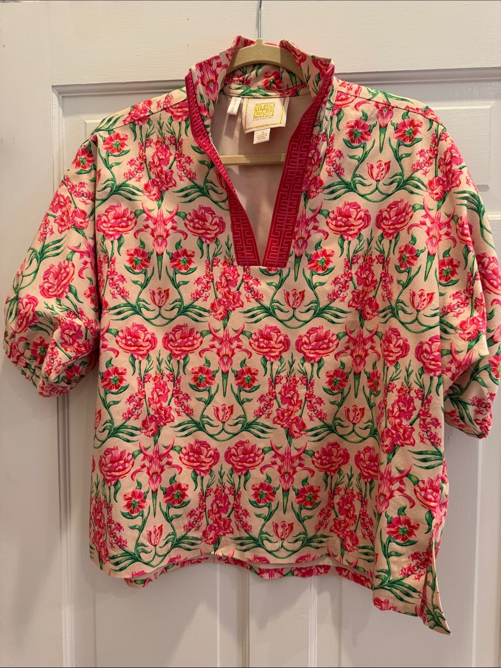 Floral V-Neck Short Sleeve Top in Pink, Green & Cream